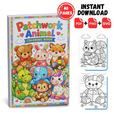 Patchwork Animals Coloring Book for Kids & Adults | 40 Pages | PDF PNG SVG Download