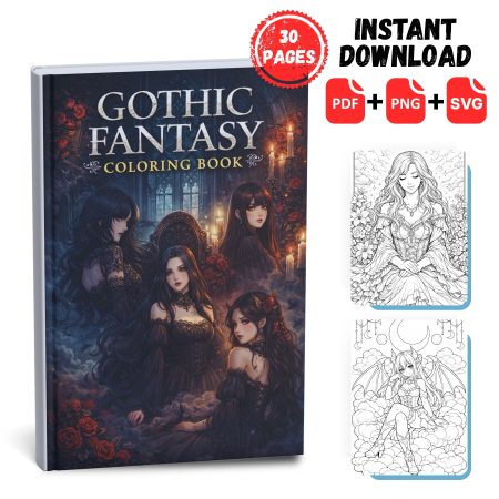 Gothic Fantasy Coloring Book | Dark Aesthetic Art | PDF PNG SVG Download