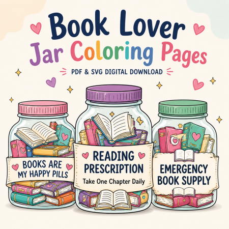 Book Lover Jar Coloring Pages | PDF & SVG Digital Download