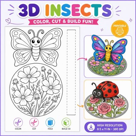 15 Printable 3D Insect Coloring Craft Sheets for Kids | Color, Cut & Build Activities | PDF & SVG Digital Download