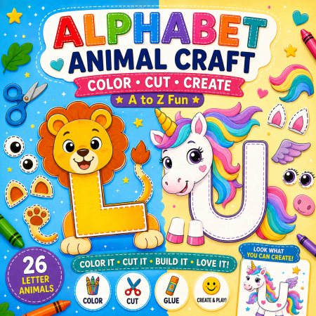 Alphabet Animal Craft Coloring Book for Kids – Color, Cut, Glue & Create Activities with 26 Letter Animals