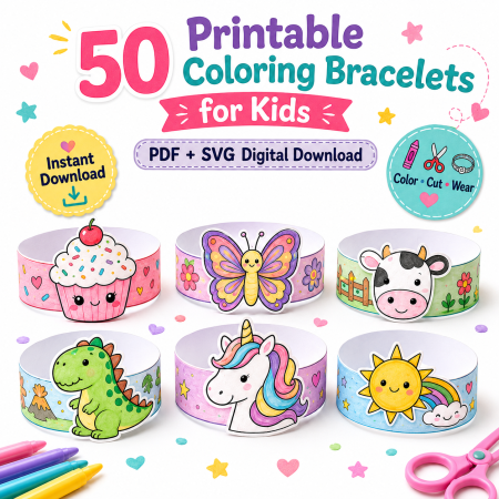 50 Printable Coloring Bracelets for Kids – Cut & Wear Craft Activity | PDF + SVG Digital Download