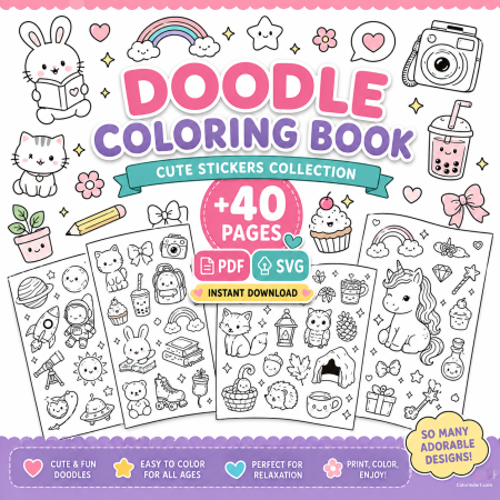 40+ Printable Kawaii Doodle Coloring Pages – Cute Sticker Style Coloring Book for Kids, Teens & Adults